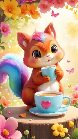 Flowers bloom style, anime scene style, A charming illustration of a small rainbow-colored squirrel from India, known as the Indian Rainbow Squirrel Baby, with an empty coffee cup and a heart in delicate porcelain tea cup. Its soft fur and large curious eyes embody the innocence and wonder of this creature. The heart-shaped furry tail peeks out from the cup, adding a touch of playfulness. The scene is decorated with charming details such as delicate tablecloths, vibrant flowers and elegantly fluttering butterflies, creating an enchanting atmosphere. Warm, soft lighting surrounds the viewer in an inviting atmosphere, transporting them into a delightful world of wonder and magic.
