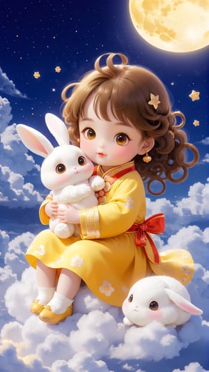A cute little girl in yellow traditional Chinese is holding an adorable white rabbit baby, sitting on the clouds with her face looking at you. The background of a full moon night and bright sky stars creates a dreamy atmosphere. She has big eyes, curly hair, rosy cheeks, orange , exquisite details, and high-definition wallpaper.