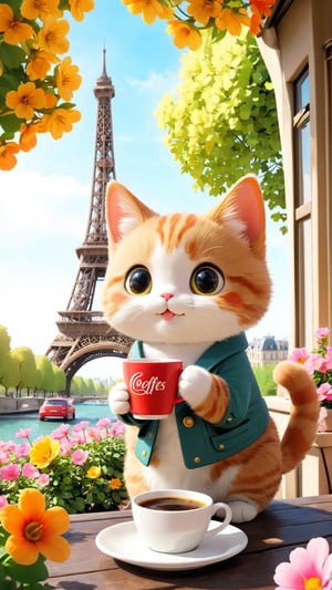 A cute cat is traveling at the Eiffel Tower in Paris, sipping on a cup of coffee. The picture is adorable, lively, and the expression is exaggerated, flowers bloom