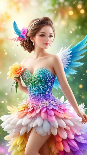Belleza extraordinaria hiperrealista cuerpo completo vestido hecho de plumas de petalos de flores de colores silvestres hiperrealista, light bokeh background.