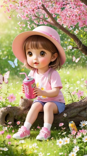 In spring, the flowers are in bloom. There is a cute little girl sitting under the flower tree, wearing a pink and white T-shirt and a hat. She Drink canned drinks through a straw. Her cute expression is really cute and playful. .  Wildflowers are blooming and butterflies are fluttering.  It's like a wonderland.  movie scene.  Depth of field.
