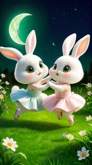 Two cute and fluffy and adorable white rabbits big eyes wearing Ballet clothes and shoes, dancing gracefully on the grass land, Moon night, Green grasses land, wild flowers bloom. so sweet and enjoy. Two fluffy beautiful little rabbits ballerinnas 