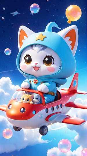 "Chibi" mascots include a cute kitten in a full mascot costume, a "Hello" bird mascot costume, and a mascot sitting on an airplane with a cute hood on his head. Little kitten wearing bird mascot costume. Naughty and happy smile, many small bubbles floating around, independent lights, 3D style,