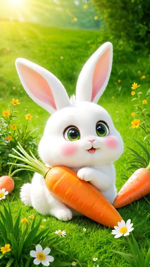 A cute and fluffy and adorable white rabbit big eyes lying on the grass land,  eat carrots, Green grasses land, wild flowers bloom. so sweet and enjoy. carrots.

