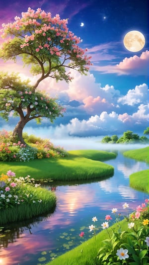Night style, moon light and beautiful clouds, Flowers bloom morning, lake and grass land  , Wild flowers blooming fantastic amazing tale and beautiful flowers tree on the bank, landscape style realistic high quality, beautiful clouds, depth of field, fairy tone paradise place in the image and amazing place for the best moment.