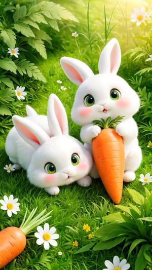 Two cute and fluffy and adorable white rabbits big eyes lying on the grass land,  huging carrots, Green grasses land, wild flowers bloom. so sweet and enjoy. carrots.
