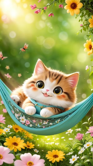 Side view shot, Flowers bloom, Spring style, A cute, furry, big-eyed little cat is lying on a portable hammock with a built-in mosquito net. It is enjoying the leisure time. It is smiling and happy. flowers bloom bokeh background.