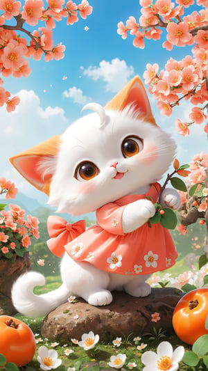 Side view, full body, Spring style, flowers bloom, realistic high quality Persimmon tree, flowers full the branch, petals falling, 1 lovely little fuzzy white fat fluffy kitten, big eyes, playful and cute, happy, ((best quality)), ((masterpiece)), ((best quality)), ((highres)), ((high quality)), ((ultra high quality)), ((ultra detailed)), Coral hair, spiralcurl, Coral eyes, ((😄:2.0)), Coral dress, standing near the flowers, ((baby face))