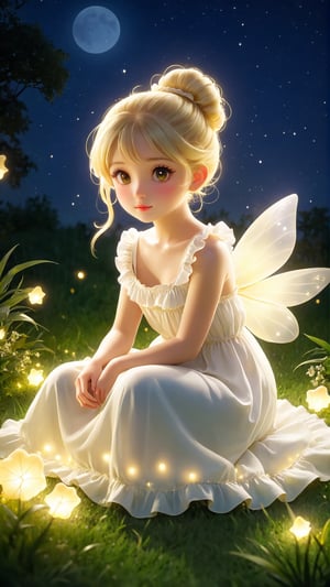 (masterpiece, top quality, best quality, official art, beautiful and aesthetic:1.2), (1girl:1.4), extreme detailed, a beautiful girl wearing white and light yellow Ruffles long dress (siting on grass:1.4), in a soft glow of moonlight, blonde hair, hair tied up in a very messy bun, wearing a loose white nightgown. Firefly fairy lights garden background.