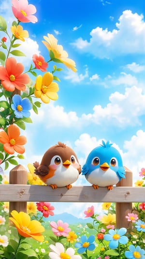 S[romg flowers blooming style, The wooden fence is covered with colorful flowers. three cute and adorable little birds stand on the fence and smile happily. small mouth, small body, one on the top, The flowers are in bloom, the blue sky and white clouds make the beautiful picture look like heaven. flowers bloom bokeh background.
