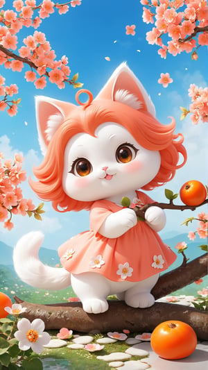 Side view, full body, Spring style, flowers bloom, realistic high quality Persimmon tree, flowers full the branch, petals falling, 1 lovely little fuzzy white fat fluffy kitten, big eyes, playful and cute, happy, ((best quality)), ((masterpiece)), ((best quality)), ((highres)), ((high quality)), ((ultra high quality)), ((ultra detailed)), Coral hair, spiralcurl, Coral eyes, ((😄:2.0)), Coral dress, standing near the flowers, ((baby face))
