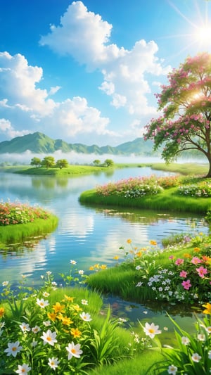 Flowers bloom morning, lake and grass land  , Wild flowers blooming fantastic amazing tale and beautiful flowers tree on the bank, landscape style realistic high quality, depth of field, sunlight through the flowers, beautiful clouds,fairy tone paradise place in the image and amazing place for the best moment.