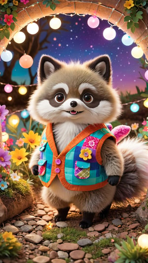 flowers bloom scene, A whimsical scene captures a delightful hybrid of a Raccoon, a Pomeranian, and a Mole. Dressed in a colorful, patchwork vest, it scurries through an underground burrow lit by fairy lights, its fluffy tail, nimble paws, and tiny eyes creating a playful and enchanting atmosphere. Sharpen photo, contrast photo, like a magazine cover, fashion, photo