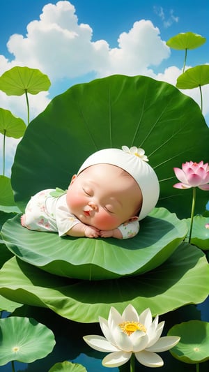 Simmer style, blue sky white clouds, flowers bloom, A little chubby adprab;e little baby sleeping on a lotus leaf. This full body portrait depicts the baby wearing a white shirt and green skirt, with large leaves in front of her and lotus flowers behind his head. The background is simple, The skin texture is rendered super realistically and the expression appears natural, with high definition details throughout the ultrahigh resolution image. 