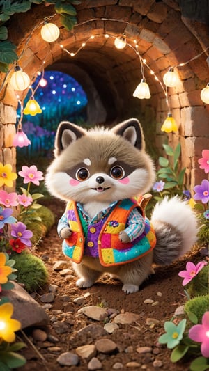 flowers bloom scene, A whimsical scene captures a delightful hybrid of a Raccoon, a Pomeranian, and a Mole. Dressed in a colorful, patchwork vest, it scurries through an underground burrow lit by fairy lights, its fluffy tail, nimble paws, and tiny eyes creating a playful and enchanting atmosphere. Sharpen photo, contrast photo, like a magazine cover, fashion, photo