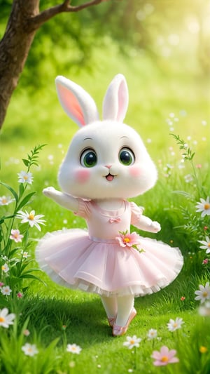 A cute and fluffy and adorable white rabbit big eyes wearing Ballet clothes and shoes, dancing gracefully on the grass land, Green grasses land, wild flowers bloom. so sweet and enjoy. A fluffy beautiful little rabbit ballerina, flowers blooming fantastic bokeh background.