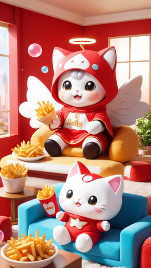 The mascots of "Red Cliff" include a cute kitten wearing a full mascot costume, a mascot wearing a "Hello" little angel mascot costume, and a mascot sitting on the sofa in the living room eating French fries with a cute hood on his head. Kitten wearing cherub mascot costume. Naughty and happy smile with many small bubbles floating around, independent lighting, 3D style,