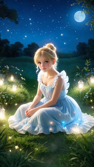 (masterpiece, top quality, best quality, official art, beautiful and aesthetic:1.2), (1girl:1.4), extreme detailed, a beautiful girl wearing white and light blue Ruffles long dress (siting on grass:1.4), in a soft glow of moonlight, blonde hair, hair tied up in a very messy bun, wearing a loose white nightgown. Firefly fairy lights garden background.