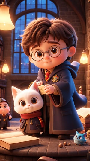 adorable cute Harry Potter in Pixar style, Hogwarts background, Disney style, Pixar animation, character design, telegram deepfaker, renderman, cozy lighting 