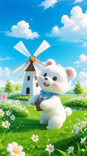 Blue sky and white clouds, green grass, a windmill stands on the grass, the breeze blows, the windmill rotates, flowers bloom, a cute white furry little white bear smiles and stands on the grass picking flowers, with blooming flowers as the background
