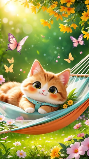 Side view shot, Flowers bloom, Spring style, A cute, furry, big-eyed little cat is lying on a portable hammock with a built-in mosquito net. It is enjoying the leisure time. It is smiling and happy. butterfly around the there, flowers bloom bokeh background.