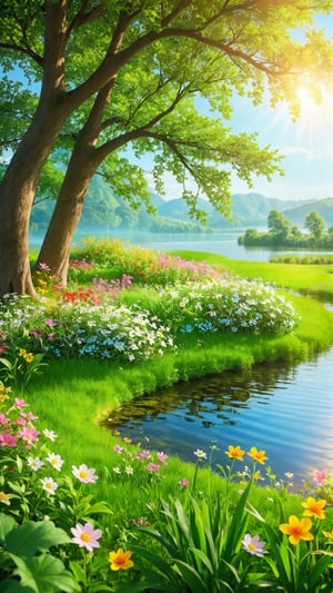 Flowers bloom morning, lake and grass land  , Wild flowers blooming fantastic amazing tale and beautiful flowers tree on the bank, landscape style realistic high quality, depth of field, sunlight through the flowers, fairy tone paradise place in the image and amazing place for the best moment.
