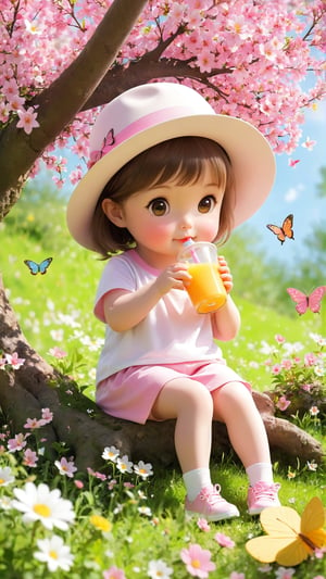 In spring, the flowers are in bloom. There is a cute little girl sitting under the flower tree, wearing a pink and white T-shirt and a hat. She take a juice to drink. Her cute expression is really cute and playful. .  Wildflowers are blooming and butterflies are fluttering.  It's like a wonderland.  movie scene.  Depth of field.