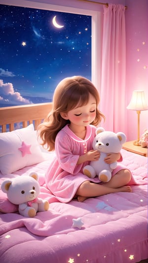 In a peaceful scene under the stars, a beautiful girl lies on a soft bed, wearing comfortable nightgown and sleepwear to help her relax after a long day. Covered by a pink soft and fluffy quilt, it is comfortable and enjoyable. Pajamas and pajamas are made of soft and comfortable fabrics to provide maximum comfort, with a beloved teddy bear in your arms symbolizing warmth, security and childhood nostalgia. The background is set against the vast starry sky, creating a tranquil and dreamy atmosphere. Twinkling stars light up the night, evoking feelings of calm and tranquility.