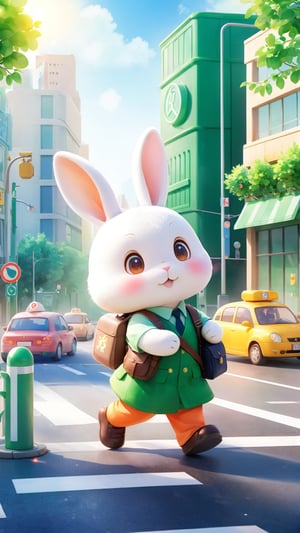 Chibi mascot includes the best quality, Beautiful soft light, the little rabbit has become much sensible. It began to take the initiative to abide by traffic rules, stop waiting for green lights, polite pedestrians, and protect the safety of themselves and others,Watercolor children's illustration style,high detail, ultra clear 8k,c4d, city style