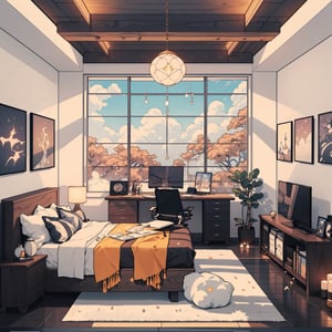 picture of a cozy huge long room loft attic, bedroom office combines, colorful, big window, dark autumn forest behind the window, cloudy, high fluffy cute bed, modern, open space, cozy, loft, very long wooden desk by the window, office chair, puffy armchair, flyffy rug, high contrast, (dark wood), huge open room, minimalism, velvet, cute decoration, girly decoration, ambient light, salt lamp, (above perspective), highly detailed, 4k, 8k, HD, crispy, smooth, masterpiece, digital art, beautiful, architecture, interior design, rich dark colors, ,glass,xyzsanart01,modernvilla