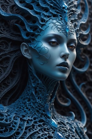 a close up of a statue of a woman, digital art, inspired by tomasz alen kopera, gothic art, intricate skeletal decorations, 8 k highly detailed , beautiful elegant demon queen, intricate body, beautiful detail and color, sylvain sarrailh and igor morski, intricate costume design, detailed body,a girl formed of colored glaze