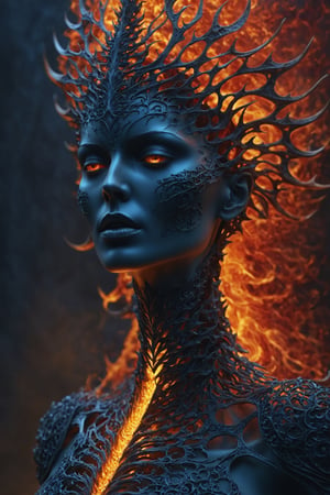 a close up of a statue of a woman, digital art, inspired by tomasz alen kopera, gothic art, intricate skeletal decorations, 8 k highly detailed , beautiful elegant demon queen, intricate body, beautiful detail and color, sylvain sarrailh and igor morski, intricate costume design, detailed body, realistic flame