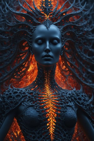 a close up of a statue of a woman, digital art, inspired by tomasz alen kopera, gothic art, intricate skeletal decorations, 8 k highly detailed , beautiful elegant demon queen, intricate body, beautiful detail and color, sylvain sarrailh and igor morski, intricate costume design, detailed body, realistic flame