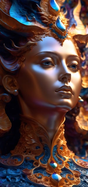 a close up of a statue of a woman, digital art, inspired by tomasz alen kopera, gothic art, intricate skeletal decorations, 8 k highly detailed, beautiful elegant demon queen, intricate body, beautiful detail and color, sylvain sarrailh and igor morski, intricate costume design, detailed body, ultra detailed artistic abstract photography of liquid lust, detailed captivating eyes on molten statue, asymmetrical, gooey liquid hair, highly refractive skin, Digital painting, colorful, volumetric lighting, High definition, detailed, realistic, 8k uhd, high quality