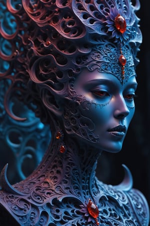 a close up of a statue of a woman, digital art, inspired by tomasz alen kopera, gothic art, intricate skeletal decorations, 8 k highly detailed , beautiful elegant demon queen, skull bust, intricate body, beautiful detail and color, sylvain sarrailh and igor morski, intricate costume design, detailed body,a girl formed of colored glaze