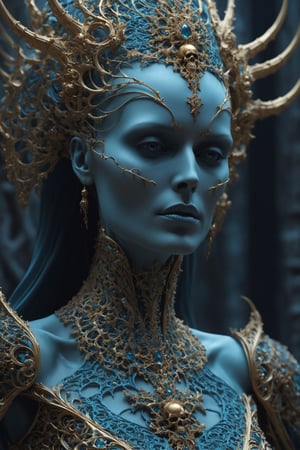 a close up of a statue of a woman, digital art, inspired by tomasz alen kopera, gothic art, intricate skeletal decorations, 8 k highly detailed , beautiful elegant demon queen, skull bust, intricate body, beautiful detail and color, sylvain sarrailh and igor morski, intricate costume design, detailed body