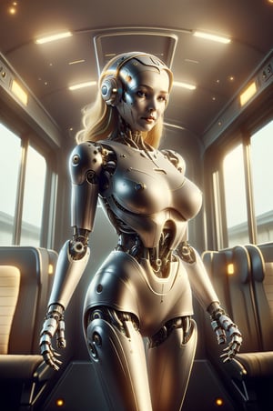 Beautiful feminine cybergirl, space traveler. Very tight clothes, perfect train. By Behind her face, her cybernetic robotic parts can be seen underneath her blonde hair