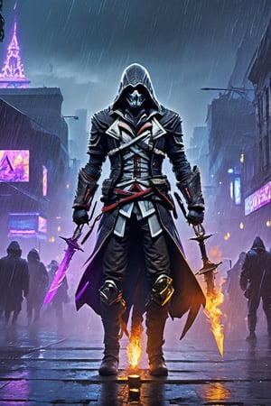 One man, ((assassin creed)), evil skull head with flaming purple eyes, hoody, black armor, cyberpunk city, neon lights, looking_at_viewer, ((wet surfaces)), rain, foggy, (Masterpiece, highly detailed, extremely detailed, HD), (extremely detailed CG unity 8k wallpaper, ultra-detailed, best shadow), (detailed background),Movie Still,Film Still,mecha