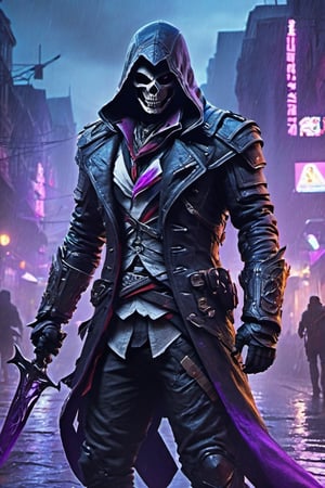 One man, ((assassin creed)), evil skull head with flaming purple eyes, hoody, black armor, cyberpunk city, neon lights, looking_at_viewer, ((wet surfaces)), rain, foggy, (Masterpiece, highly detailed, extremely detailed, HD), (extremely detailed CG unity 8k wallpaper, ultra-detailed, best shadow), (detailed background),Movie Still,Film Still,mecha