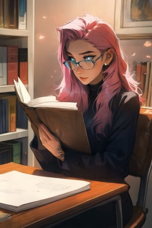 one woman, blue_eyes, (bright eyes:1.2), very_long_hair, "straight_hair", two color hair, "pink hair, blonde highlights", tattoos, (circle shape glasses), sitting, desk open book, books levitating, library background, masterpiece, ultra hd, 8k, hdr, dynamic, unretouched, pores, detailed skin, sunlight particles, (perfect hand:1.4), perfect figure,tattoo,sagging breasts