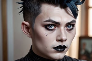 photo of a exquisitely beautiful pale skin goth Chinese man, black make-up, blue-grey pixie cut, black mascara, black lipstick, mohawk, grey eyes, satanist, 35yo, photograph by Sanne van rozendaal, Thorough, analog style, eye focus, highest quality, (highly detailed skin), perfect face, alluring eyes, skin pores, (piercing:0.5), indoor, messy bedroom, (bokeh:0.6), sharp focus, dappled lighting, (backlighting:0.7), film grain, photographed on a Sony A7R IV, 18mm F/1.7 cine lens, (highly detailed, intricately detailed), 8k, HDR, posing, front view, (upper body:0.9)