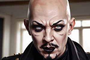 photo of a exquisitely beautiful pale skin goth Anton Lavey as Lenin, black make-up, bald, grey eyes, black mascara, black lipstick, mohawk, satanist, 33yo, photograph by Sanne van rozendaal, Thorough, analog style, eye focus, highest quality, (highly detailed skin), perfect face, alluring eyes, skin pores, (piercing:0.5), indoor, messy bedroom, (bokeh:0.6), sharp focus, dappled lighting, (backlighting:0.7), film grain, photographed on a Sony A7R IV, 18mm F/1.7 cine lens, (highly detailed, intricately detailed), 8k, HDR, posing, front view, (upper body:0.9)