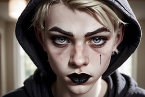 photo of a exquisitely beautiful pale skin goth scandinavian boy, black make-up, goatee, hoodie, black mascara, black lipstick, 17yo, photograph by Sanne van rozendaal, Thorough, analog style, eye focus, highest quality, (highly detailed skin), perfect face, alluring eyes, skin pores, (piercing:0.5), indoor, messy bedroom, (bokeh:0.6), sharp focus, dappled lighting, (backlighting:0.7), film grain, photographed on a Sony A7R IV, 18mm F/1.7 cine lens, (highly detailed, intricately detailed), 8k, HDR, posing, front view, (upper body:0.9)