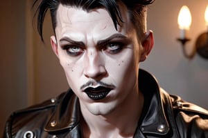 photo of a exquisitely beautiful pale skin goth Spanish man, black make-up, wearing leather jacket, black goatee, black mascara, black lipstick, mohawk, grey eyes, satanist, 35yo, photograph by Sanne van rozendaal, Thorough, analog style, eye focus, highest quality, (highly detailed skin), perfect face, alluring eyes, skin pores, (piercing:0.5), indoor, messy bedroom, (bokeh:0.6), sharp focus, dappled lighting, (backlighting:0.7), film grain, photographed on a Sony A7R IV, 18mm F/1.7 cine lens, (highly detailed, intricately detailed), 8k, HDR, posing, front view, (upper body:0.9)