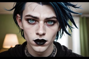 photo of a exquisitely beautiful pale skin goth Russian boy, black make-up, black mascara, black lipstick, blue hair, green eyes satanist, 25yo, photograph by Sanne van rozendaal, Thorough, analog style, eye focus, highest quality, (highly detailed skin), perfect face, alluring eyes, skin pores, (piercing:0.5), indoor, messy bedroom, (bokeh:0.6), sharp focus, dappled lighting, (backlighting:0.7), film grain, photographed on a Sony A7R IV, 18mm F/1.7 cine lens, (highly detailed, intricately detailed), 8k, HDR, posing, front view, (upper body:0.9)