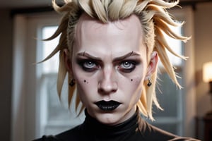 photo of a exquisitely beautiful pale skin goth Norwegian man, black make-up, long blonde hair, black mascara, black lipstick, mohawk, grey eyes, satanist, 35yo, photograph by Sanne van rozendaal, Thorough, analog style, eye focus, highest quality, (highly detailed skin), perfect face, alluring eyes, skin pores, (piercing:0.5), indoor, messy bedroom, (bokeh:0.6), sharp focus, dappled lighting, (backlighting:0.7), film grain, photographed on a Sony A7R IV, 18mm F/1.7 cine lens, (highly detailed, intricately detailed), 8k, HDR, posing, front view, (upper body:0.9)