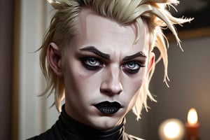 photo of a exquisitely beautiful pale skin goth Norwegian man, black make-up, long blonde hair, black mascara, black lipstick, mohawk, grey eyes, satanist, 35yo, photograph by Sanne van rozendaal, Thorough, analog style, eye focus, highest quality, (highly detailed skin), perfect face, alluring eyes, skin pores, (piercing:0.5), indoor, messy bedroom, (bokeh:0.6), sharp focus, dappled lighting, (backlighting:0.7), film grain, photographed on a Sony A7R IV, 18mm F/1.7 cine lens, (highly detailed, intricately detailed), 8k, HDR, posing, front view, (upper body:0.9)