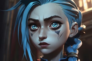 Jinx ((from Arcane and League of Legends)), beautiful detailed face, Beautiful petite girl long blue braided hair, ultra real and detailed, concept art, intricate details, highly detailed, photorealistic, octane render, 8 k, in the visual style of Arcane and Dishonored and Bioshock,arcane