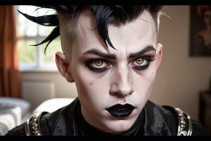 photo of a exquisitely beautiful pale skin goth Hungarian boy, black make-up, black mascara, black lipstick, mohawk, amber eyes, satanist, 25yo, photograph by Sanne van rozendaal, Thorough, analog style, eye focus, highest quality, (highly detailed skin), perfect face, alluring eyes, skin pores, (piercing:0.5), indoor, messy bedroom, (bokeh:0.6), sharp focus, dappled lighting, (backlighting:0.7), film grain, photographed on a Sony A7R IV, 18mm F/1.7 cine lens, (highly detailed, intricately detailed), 8k, HDR, posing, front view, (upper body:0.9)