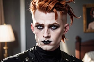 photo of a exquisitely beautiful pale skin goth Canadian man, black make-up, long ginger hair, grey eyes, black mascara, black lipstick, mohawk, satanist, 30yo, photograph by Sanne van rozendaal, Thorough, analog style, eye focus, highest quality, (highly detailed skin), perfect face, alluring eyes, skin pores, (piercing:0.5), indoor, messy bedroom, (bokeh:0.6), sharp focus, dappled lighting, (backlighting:0.7), film grain, photographed on a Sony A7R IV, 18mm F/1.7 cine lens, (highly detailed, intricately detailed), 8k, HDR, posing, front view, (upper body:0.9)
